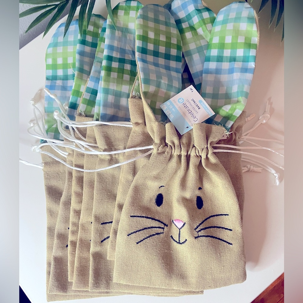 Easter Bunny Cloth Gift Bags - Tan Burlap &Green Plaid Ears with Drawstring